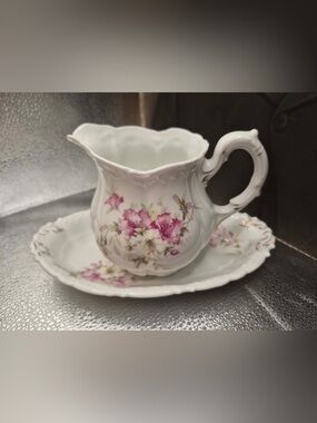 Weimar Germany Antique Porcelain Victorian Creamer Pitcher on Tray w Pink Roses